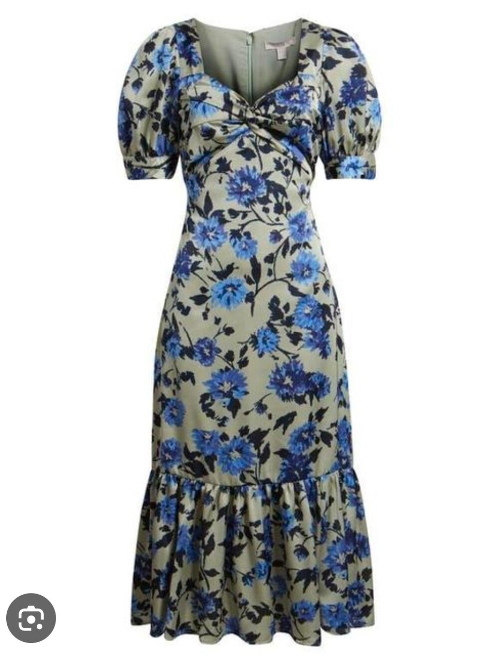 Chelsea28 Floral Twist Front Puff Sleeve Satin Ruffle Midi Dress NWOT Size XS